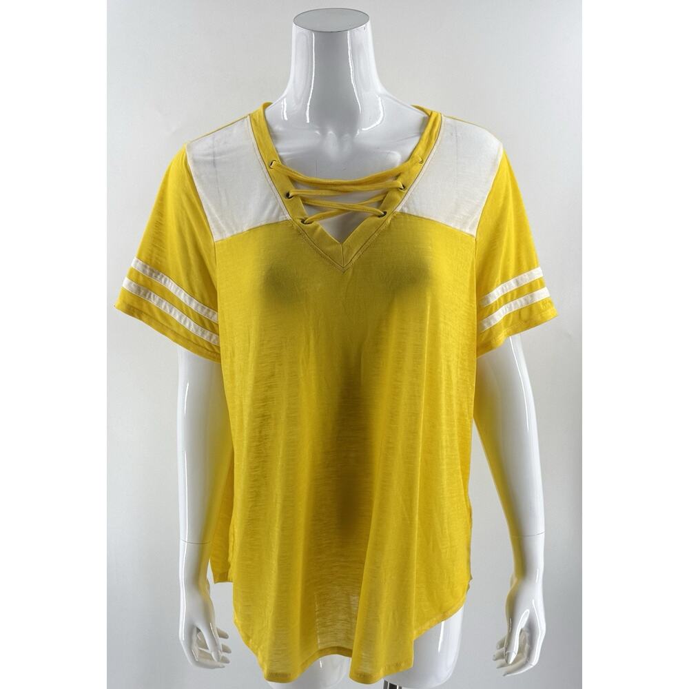 Maurices Baseball T Shirt Top Plus Sz 1X Bright Yellow White Womens Burnout Tee